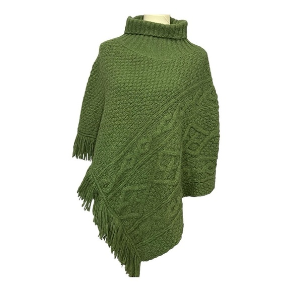 Vintage green wool blend green knit cable fringe shawl cape cozy western boho - Picture 2 of 9